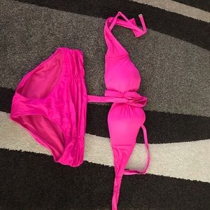 Hot pink bikini, high waisted bottoms